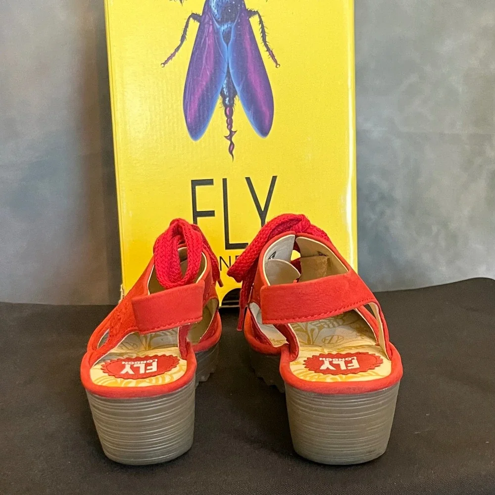 FLY LONDON Ylfa Red‎ Suede Lace Up Wedge Sandals Women Size 38